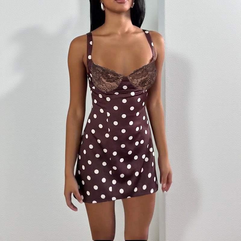 Women Braces Dress V neck Flounce a Swing Polka Dot Lace Sexy Dress by Ragazza