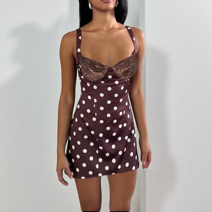 Women Braces Dress V neck Flounce a Swing Polka Dot Lace Sexy Dress by Ragazza