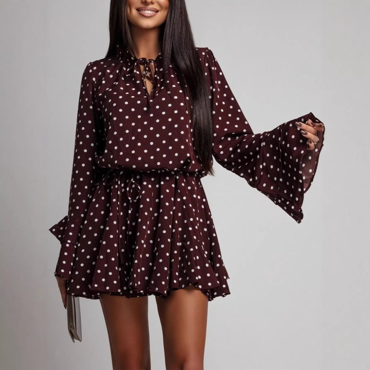 Women Polka Dot V neck Long Sleeve Dress  DestGlow