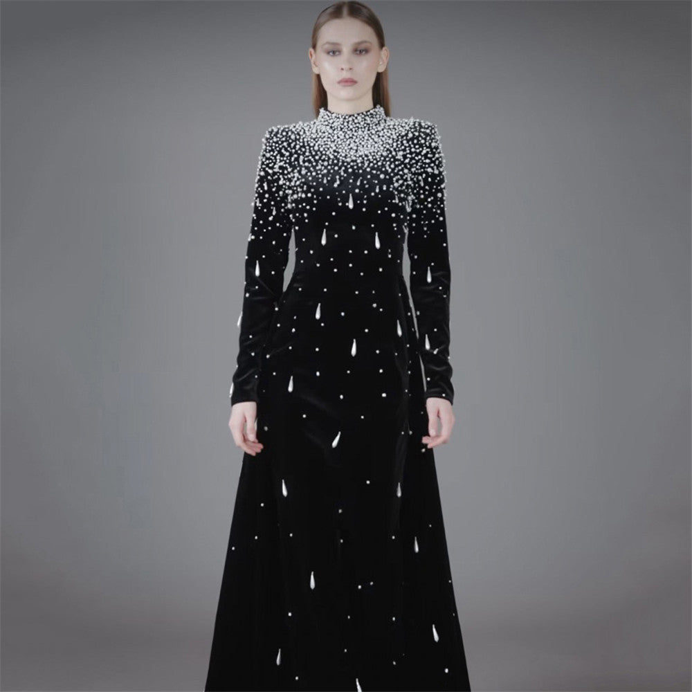 Heavy Industry Beads Diamond Long Sleeve Bandage One Piece Dress Evening Party Elegant Graceful Formal Dress by Ragazza
