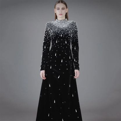 Heavy Industry Beads Diamond Long Sleeve Bandage One Piece Dress Evening Party Elegant Graceful Formal Dress by Ragazza