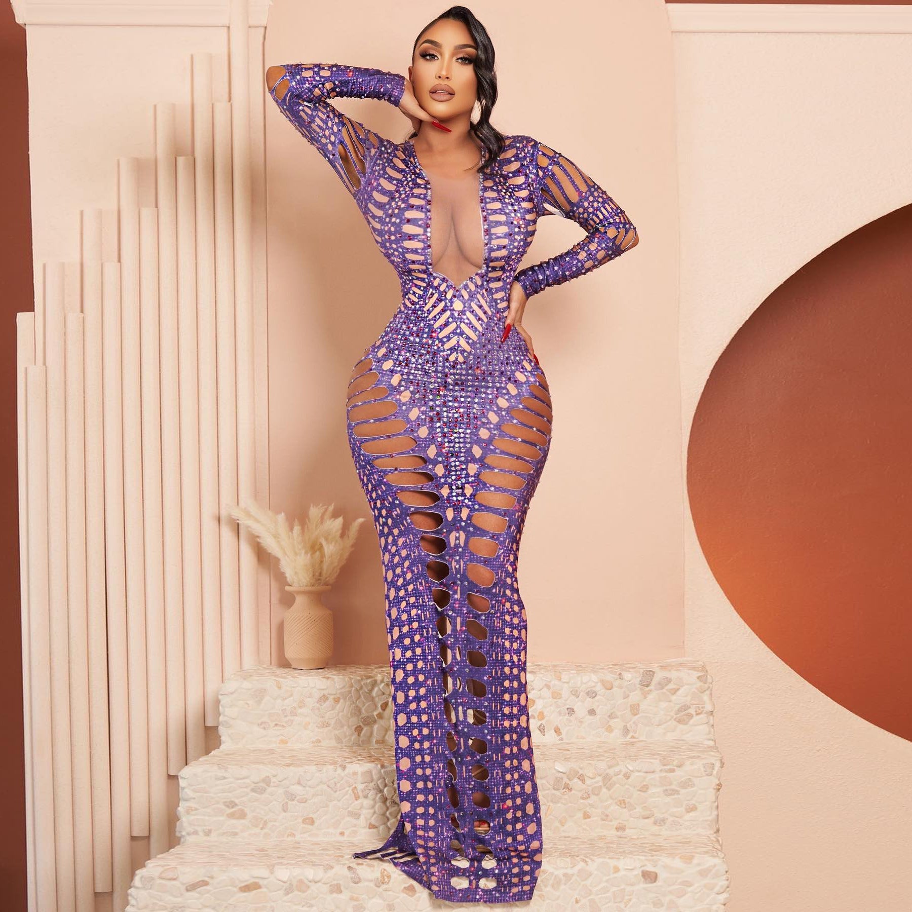 Women Clothing Sexy Ripped Skinny Sheath Dress Rhinestone Printed Dress by Ragazza
