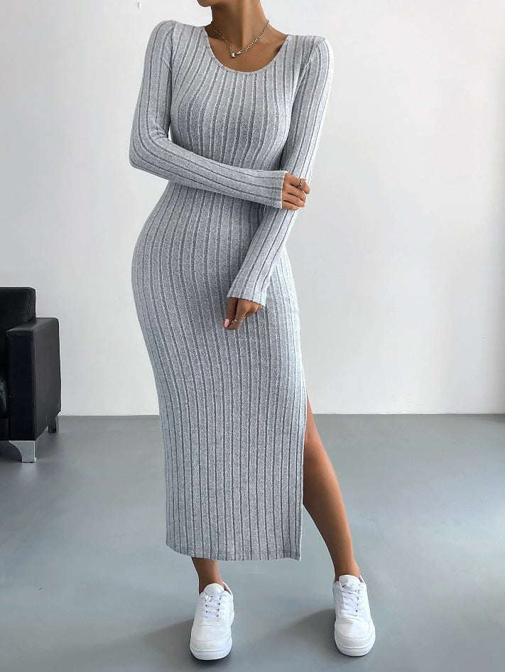 Autumn Winter Long Sleeve Crew Neck Split Knitted Maxi Dress Women by Ragazza