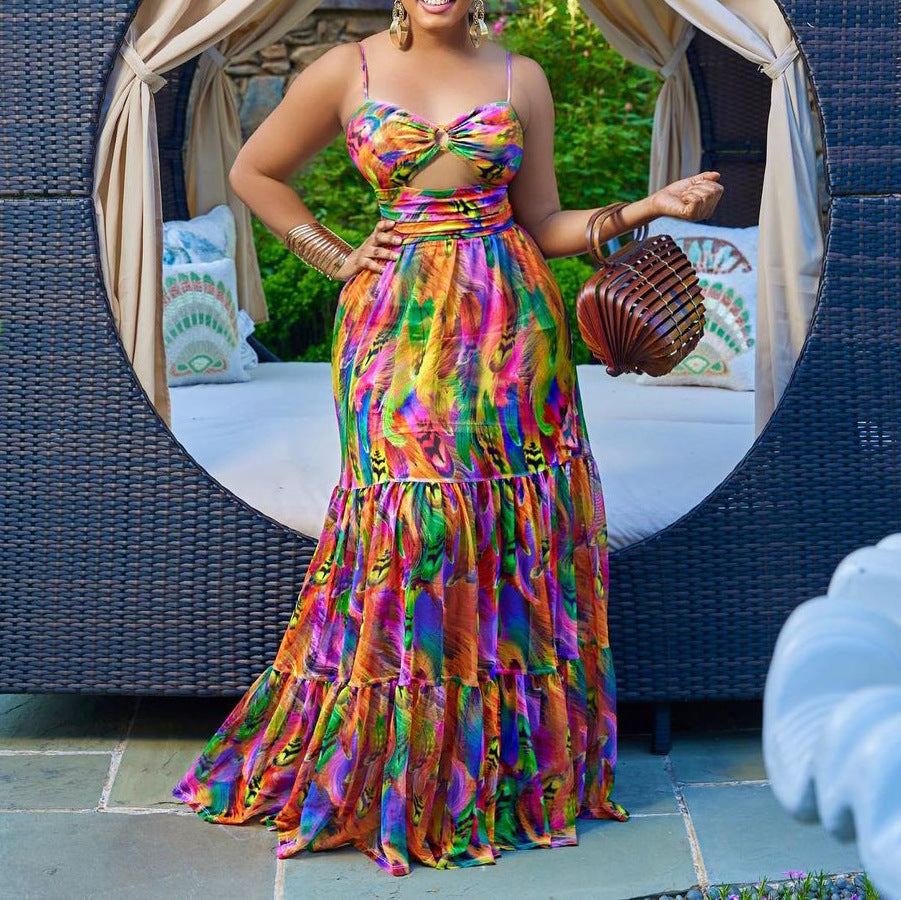 Summer Maxi Dress Spaghetti Strap Floral Print Sexy Large Swing Dress by Ragazza
