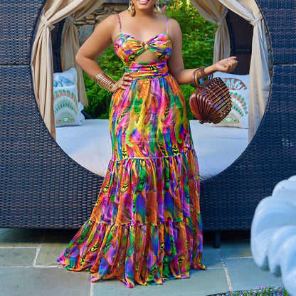 Summer Maxi Dress Spaghetti Strap Floral Print Sexy Large Swing Dress by Ragazza