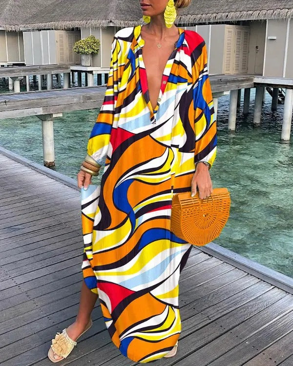 Fall Women Clothing Printed Pullover Long Sleeve Dress V neck Swing Loose Jumpsuit by Ragazza