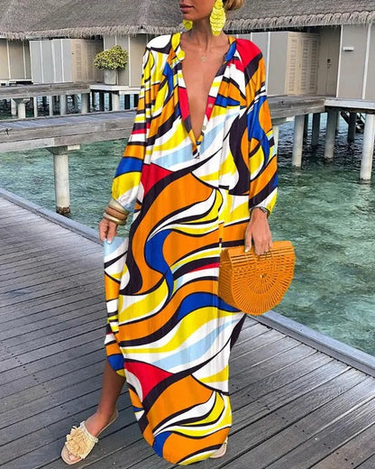 Fall Women Clothing Printed Pullover Long Sleeve Dress V neck Swing Loose Jumpsuit by Ragazza