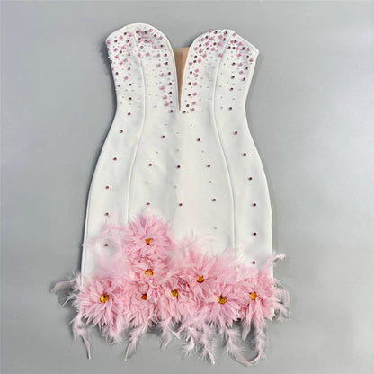 Tube Top Beads Rhinestones Bandage One Piece Dress Pink Feather Ladies Party Cocktail Evening Dress by Ragazza
