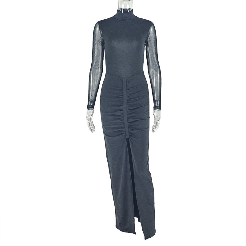 Slim Women Split Solid Color Hip Turtleneck Grenadine Sheer Long Sleeve Dress by Ragazza