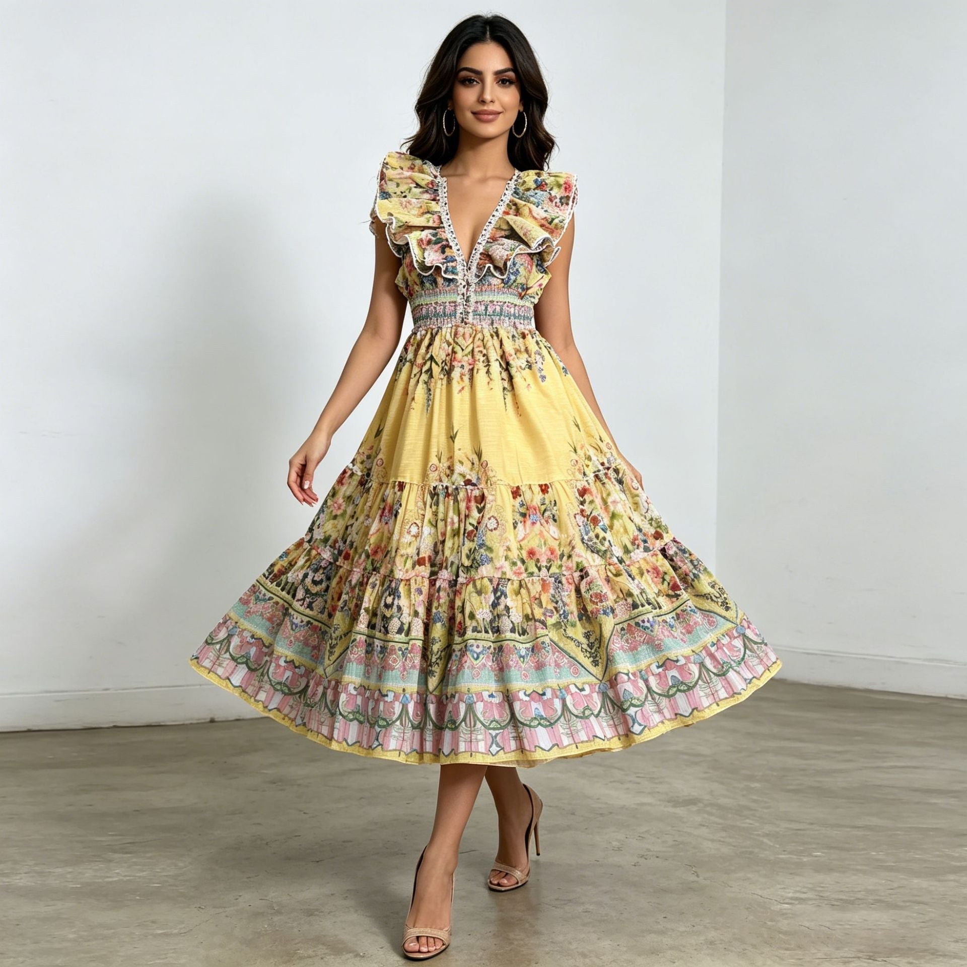 Western Retro Midi Dress Deep V Plunge neck Flounce High Waist A line Large Hem Printed Dress  DestGlow