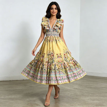 Western Retro Midi Dress Deep V Plunge neck Flounce High Waist A line Large Hem Printed Dress  DestGlow