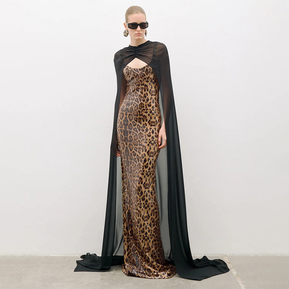 Elegant Sexy Leopard Print Sequin Cami Dress Dress Black Chiffon Cloak Two Piece Maxi Dress by Ragazza