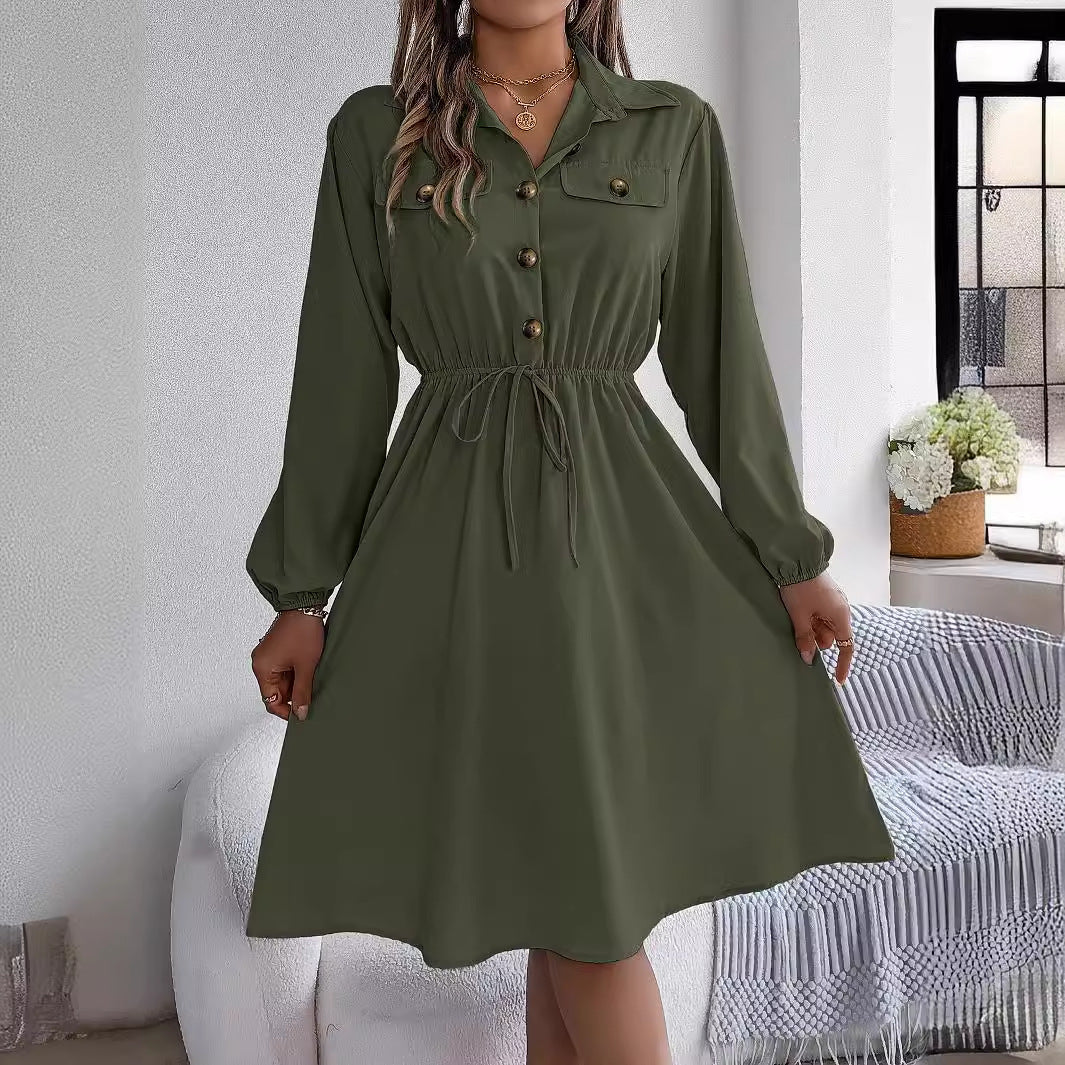 Real Shot Autumn Winter Casual Button Lace up Waist Controlled Long Sleeves Shirt Dress Women Clothing by Ragazza