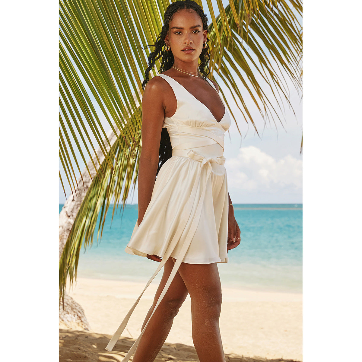 Dress Sexy Deep V Plunge Lace up Slim Fit Backless White Short Sexy Sleeveless Dress Women Sexy Women Clothing by Ragazza
