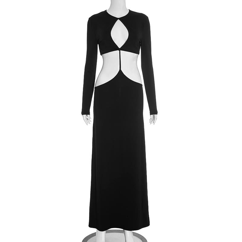 Women Clothing Autumn Solid Color Casual Slim Fit Long Sleeve Cropped Outfit Stitching Hollow Out Cutout out Maxi Dress by Ragazza