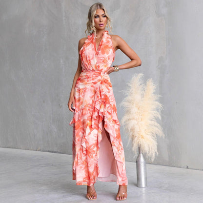 Printed Sexy V neck Backless Halter Fashionable Stringy Selvedge Dress by Ragazza