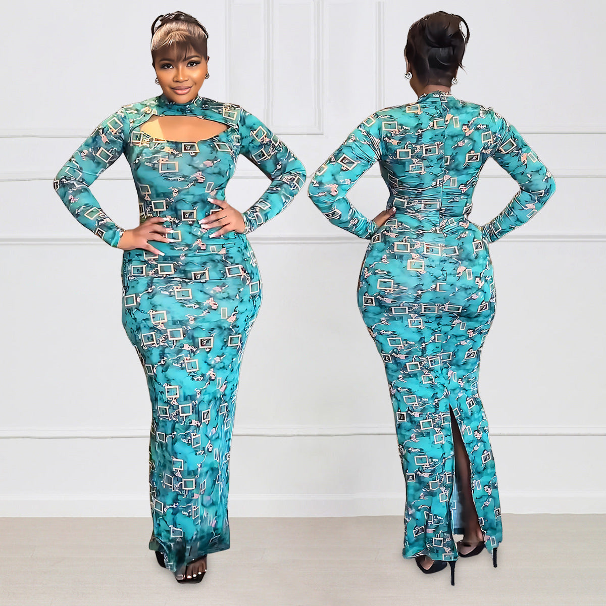 Elegant Turtleneck Long Sleeve Slim Women Clothing Split Print Maxi Dress by Ragazza