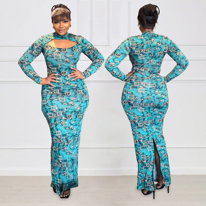 Elegant Turtleneck Long Sleeve Slim Women Clothing Split Print Maxi Dress by Ragazza