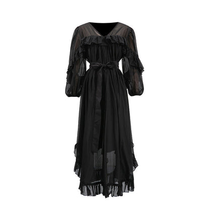 Wooden Ear Design High Waist Tight Waist Solid Color Irregular Asymmetric Maxi Dress Summer Dress by Ragazza