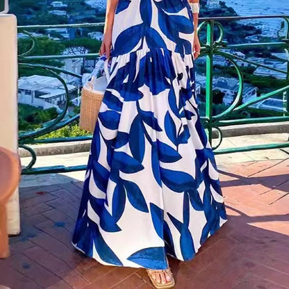 Summer Women Printed V Neck Sexy Waist Lace Up Pleated Dress by Ragazza