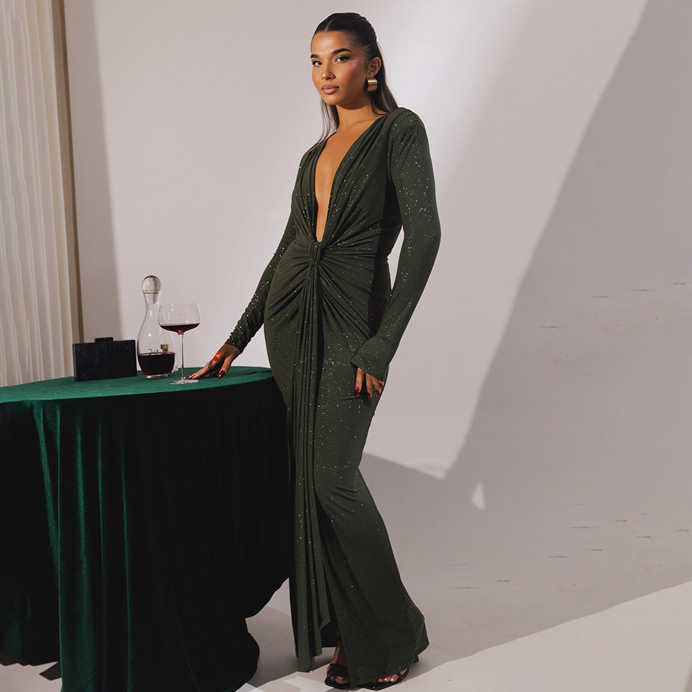 Sexy Slim Fit Deep V Plunge neck Dress Pleated Lace up Long Sleeve Sheath by Ragazza