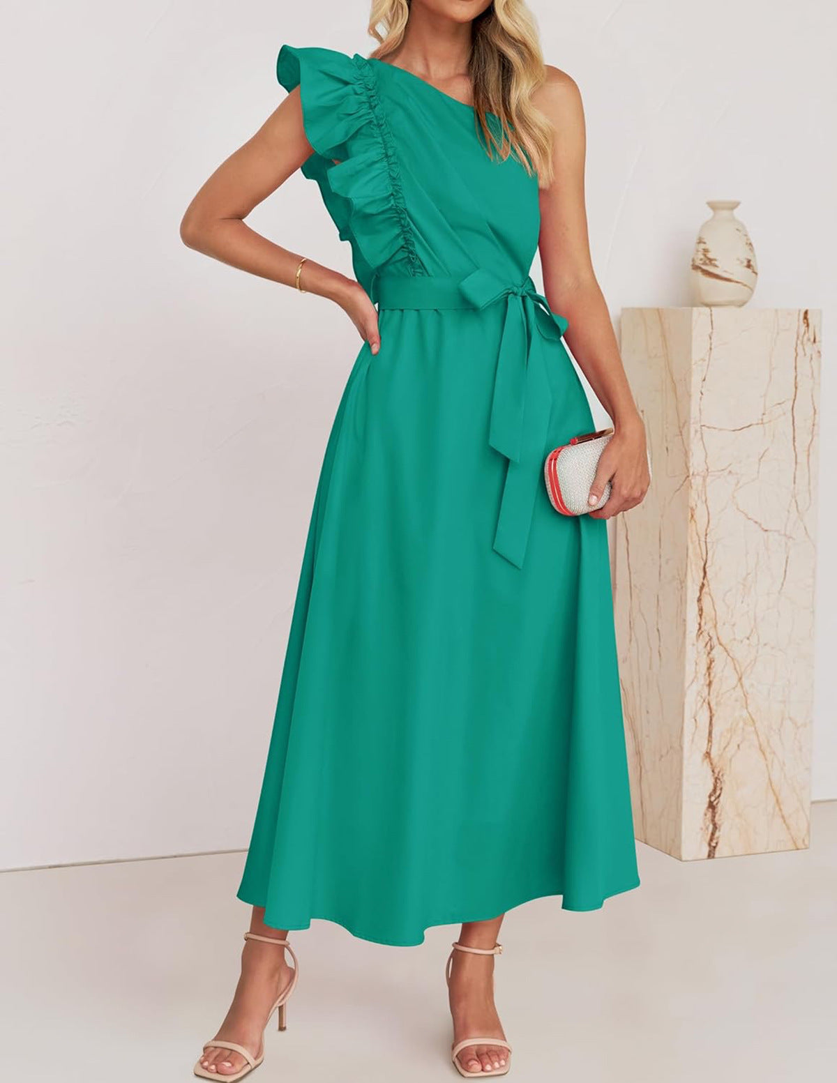 Women Maxi Dress Oblique Shoulder Wooden Ear Belt Dress Bridesmaid Toast Dress by Ragazza