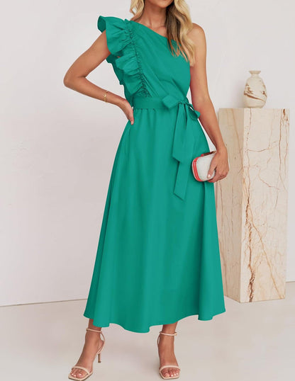 Women Maxi Dress Oblique Shoulder Wooden Ear Belt Dress Bridesmaid Toast Dress by Ragazza