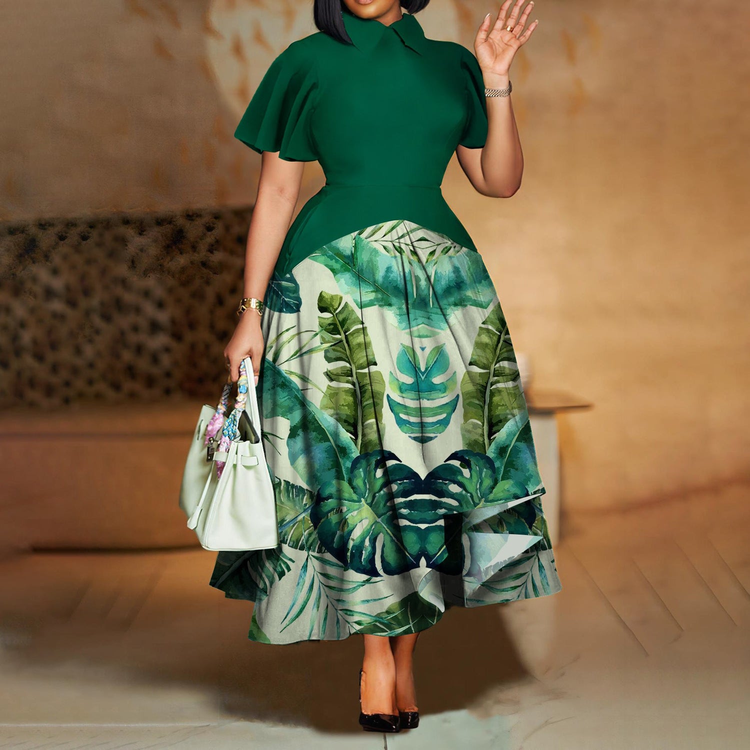 Plus Size Women Clothing Summer Fashionable Elegant Collared Ruffle Sleeve Dress Large Swing African Dress With pockets by Ragazza