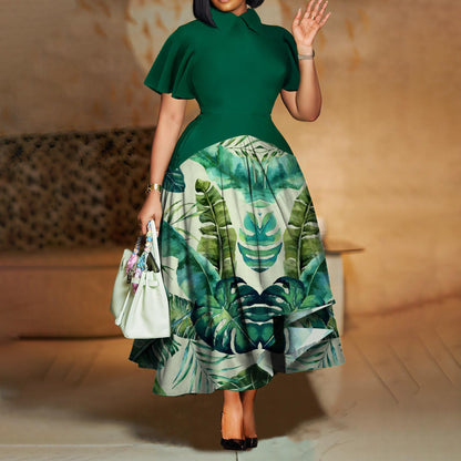 Plus Size Women Clothing Summer Fashionable Elegant Collared Ruffle Sleeve Dress Large Swing African Dress With pockets by Ragazza