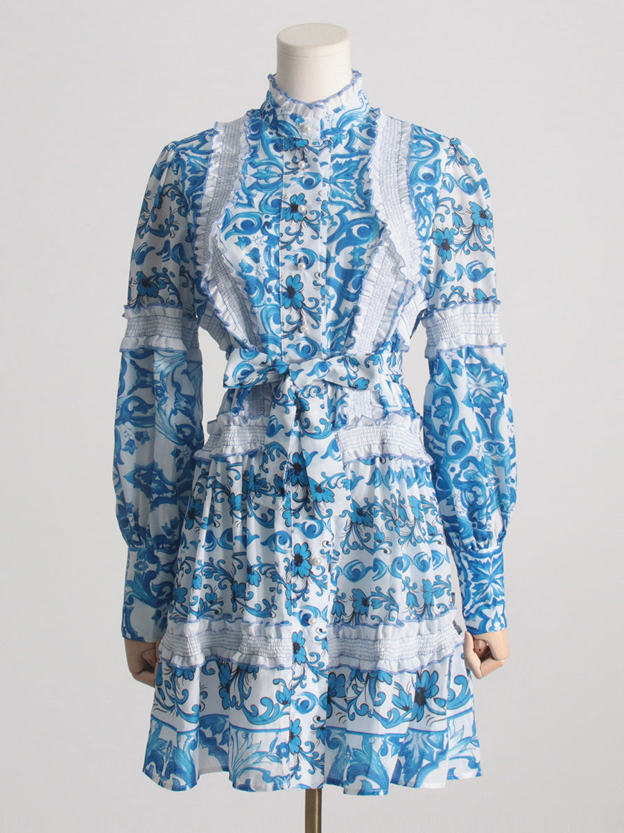 Spring Summer French Stand-up Collar Lace Lace up Waist Controlled Slimming Lantern Sleeves Dress Stitching Short Dress by Ragazza