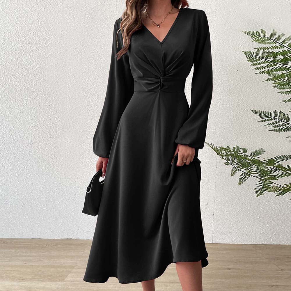 French Adult Lady like Woman V neck Dress Autumn Winter Elegant Elegant A line High Waist Midi Dress by Ragazza