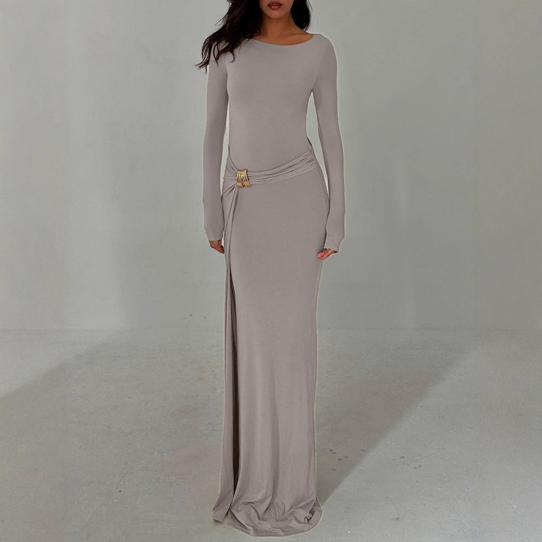 Women Maxi Dress Crew Neck Split Long Sleeve Autumn Dress by Ragazza