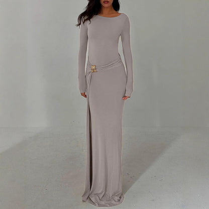 Women Maxi Dress Crew Neck Split Long Sleeve Autumn Dress by Ragazza
