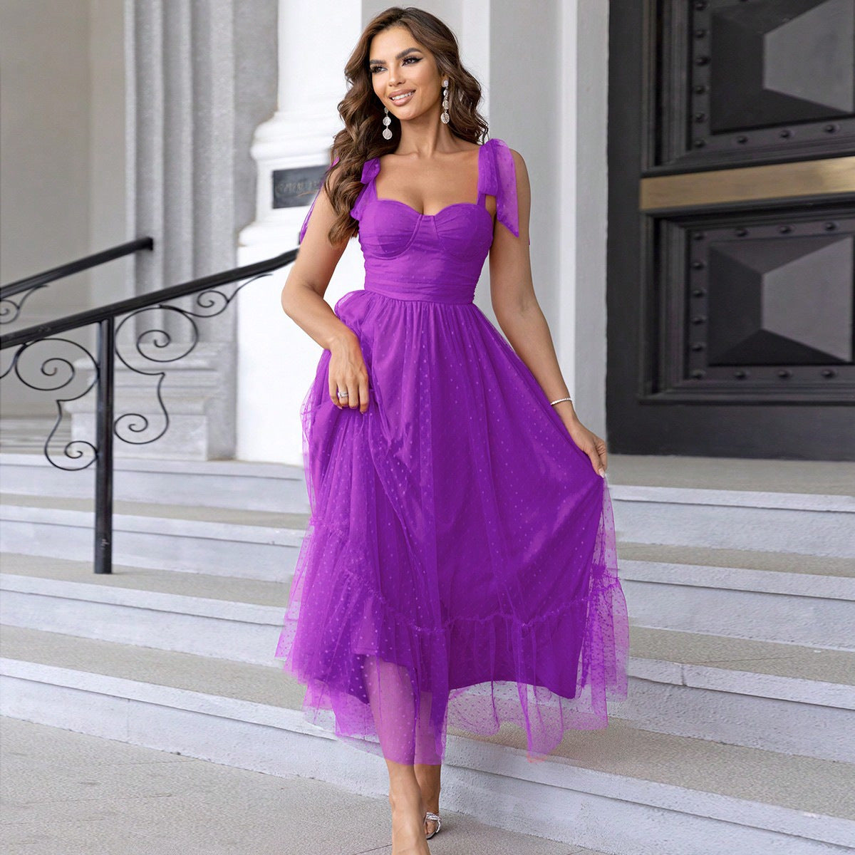 Fashionable Women Clothing Evening Dress Lace up Shoulder Pleated Hem Mesh Dress by Ragazza