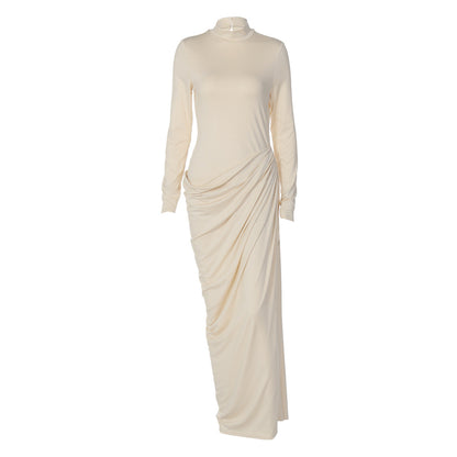 French Women Autumn Sexy Slim Fit Backless Button Solid Color Long Sleeve Dress by Ragazza