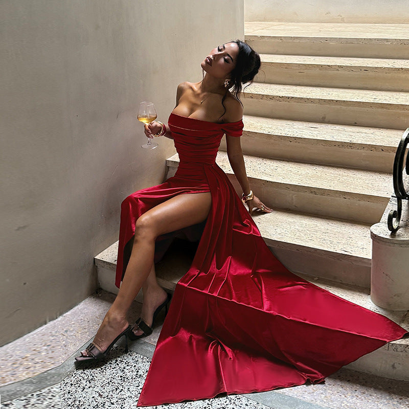 Off Shoulder Satin Dress for Women Autumn Sexy Split Dress by Ragazza