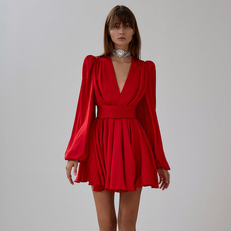 French Pleated Dress Women Puff Sleeve V neck Waist Seal Slimming Satin A line Dress by Ragazza