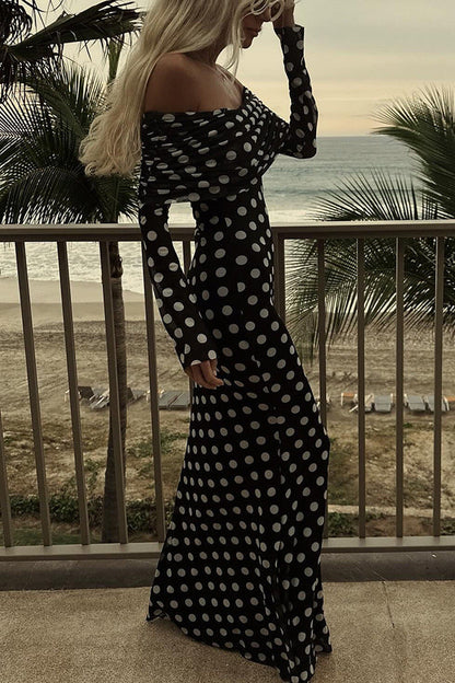 Spring Summer Gauze Polka Dot Stitching off Shoulder Sexy Slim Dress for Women by Ragazza