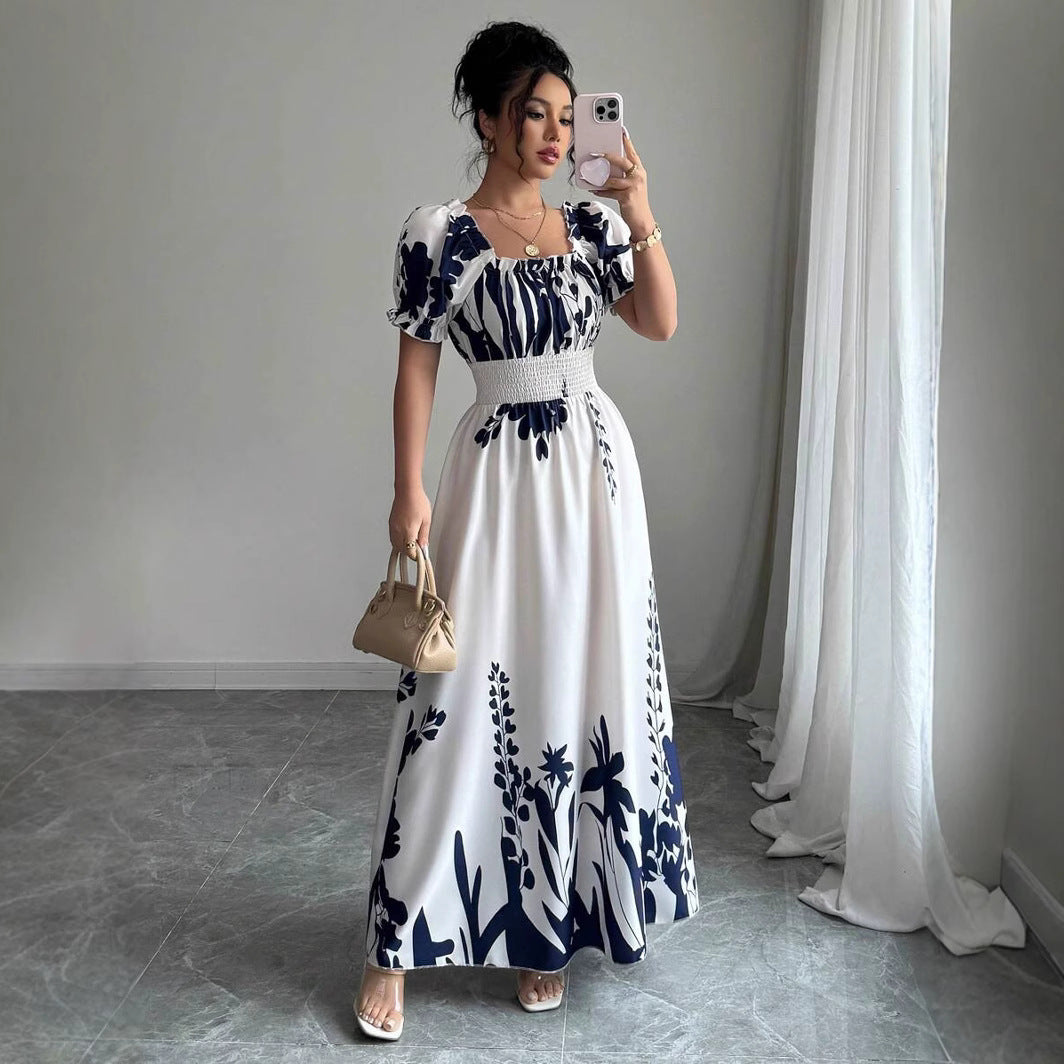 Summer Bubble Sleeve High Waist Tight Waist Women Printed Wear Large Swing Sling Dress by Ragazza