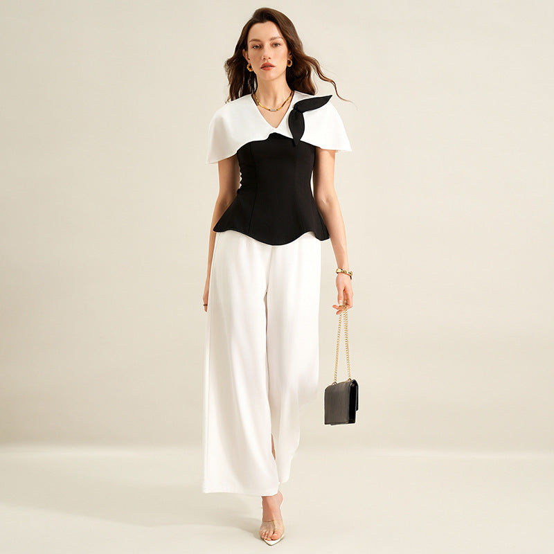 Shirt Long Twet Summer Elegant Office Black White Color Matching Women Clothing by Ragazza