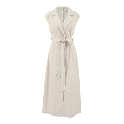 Women Cotton Linen Collar Belt Office Dress Spring Summer Dress by Ragazza