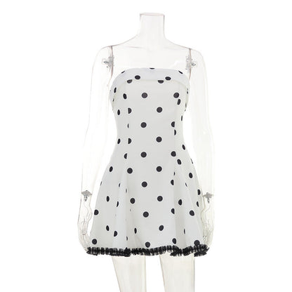 Women Wear French Tube Top High Waist Slimming Polka Dot Print A line Dress  DestGlow