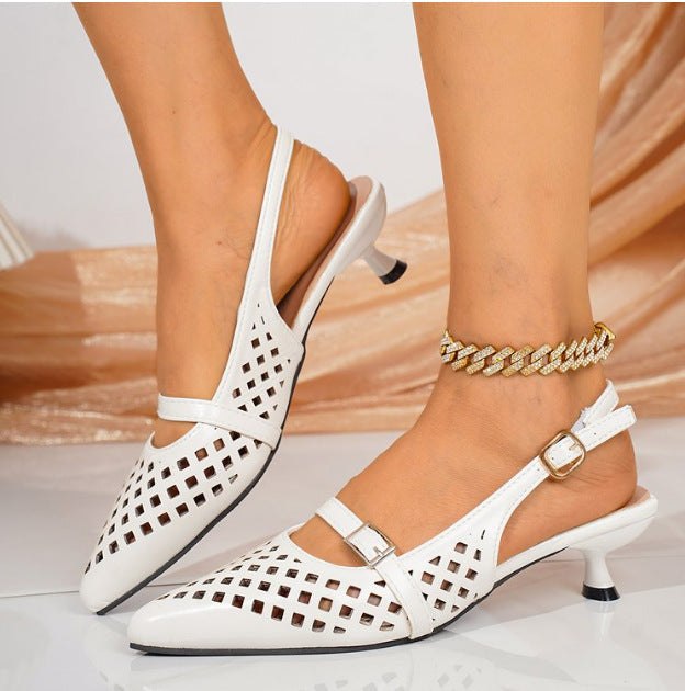 Ankle Strap Buckle Pointed Toe Mid Heel Sandals Women Hollowed Toe Box Back Air Breathable Shoes  DestGlow