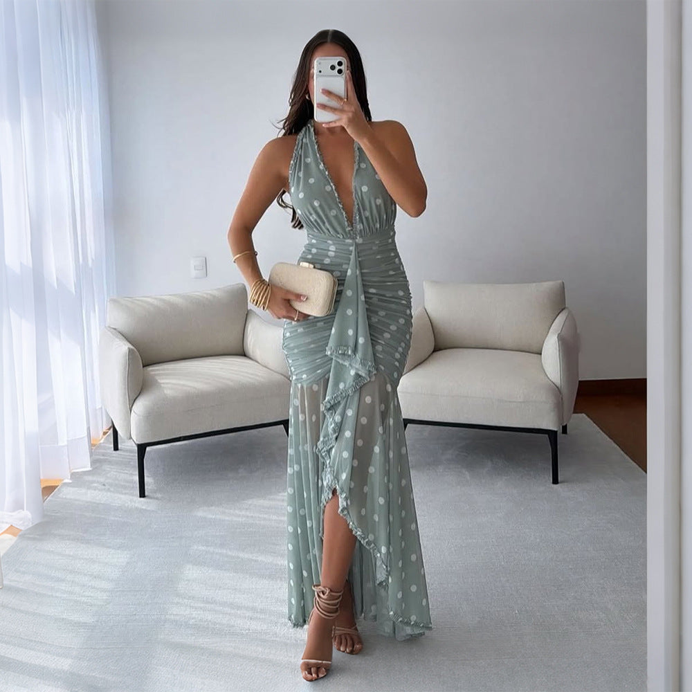 Women Clothing Spring Summer Slim Dress Halterneck Printed Lace up by Ragazza