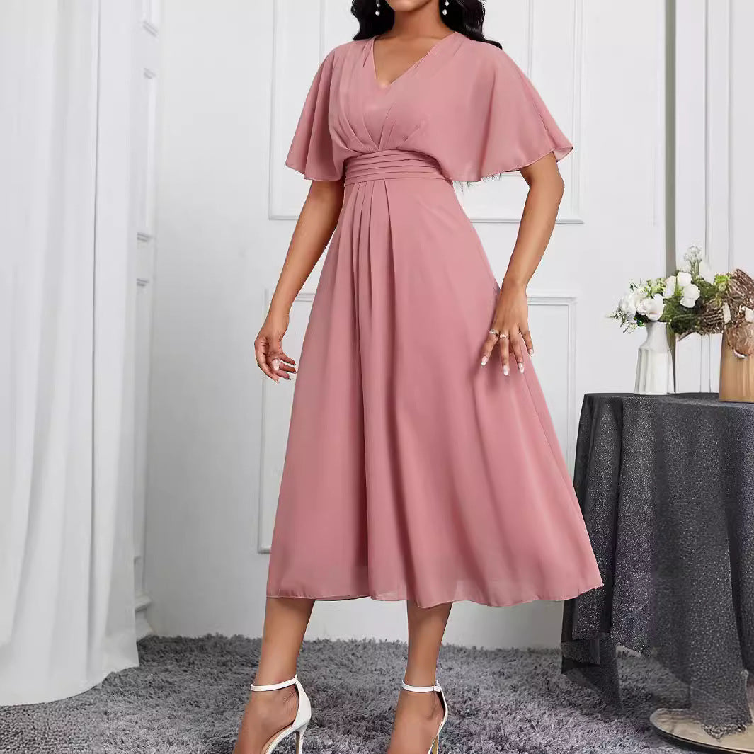 Solid Color V neck Short Sleeve Elegant Slim Chiffon Ladies Dress by Ragazza