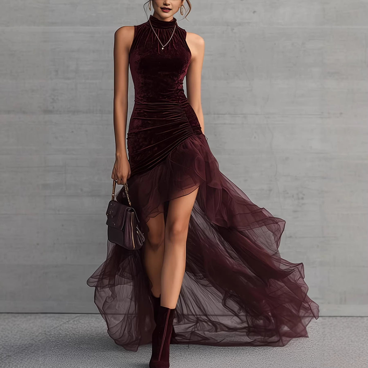 Velvet Turtleneck Sleeveless Evening Dress Pleated Slim Irregular Asymmetric Hem Tulle Trailing Dress  DestGlow