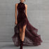 Velvet Turtleneck Sleeveless Evening Dress Pleated Slim Irregular Asymmetric Hem Tulle Trailing Dress  DestGlow