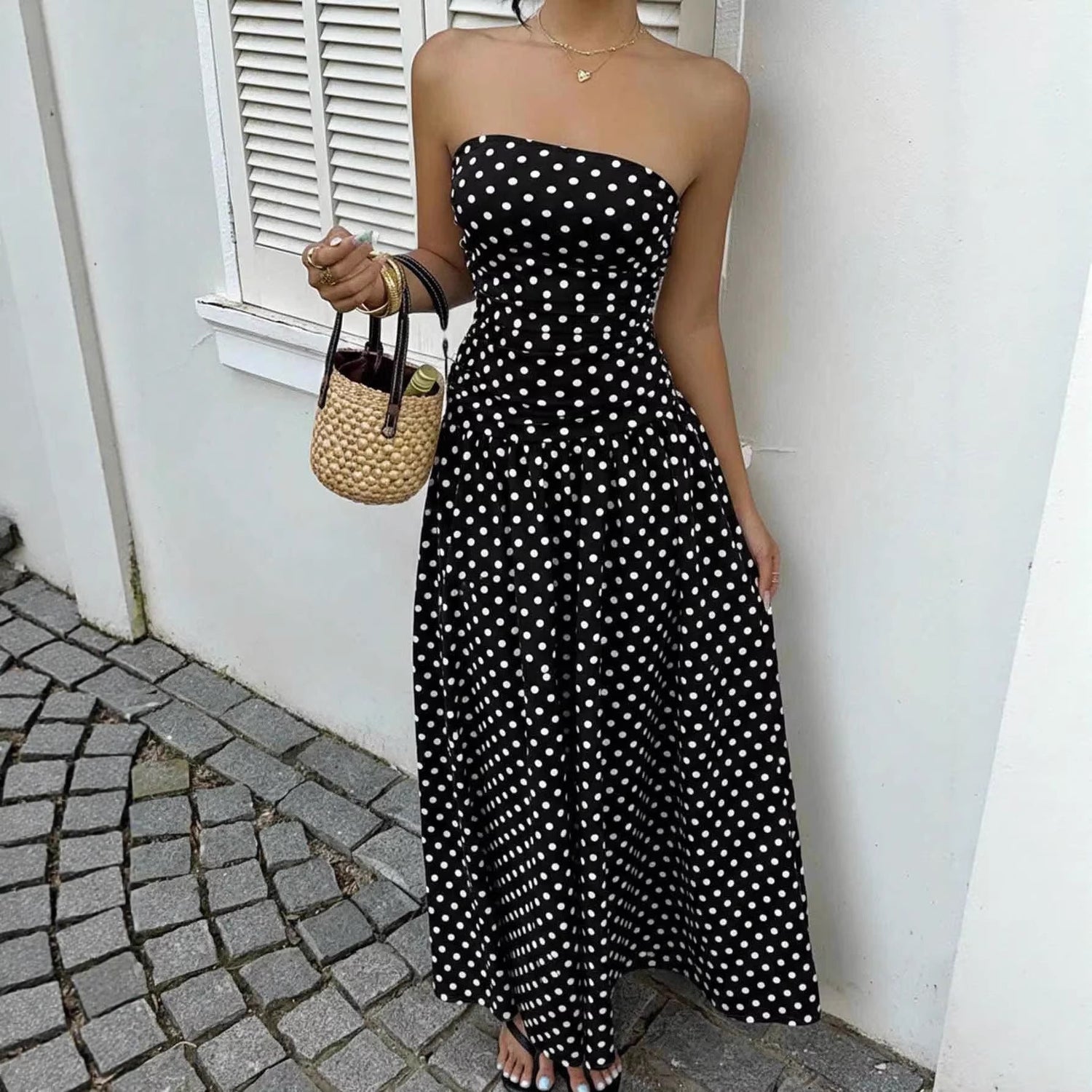 Spring Summer Sexy off the Shoulder Polka Dot A line Elegant Waist Slimming Dress Evening Dress by Ragazza