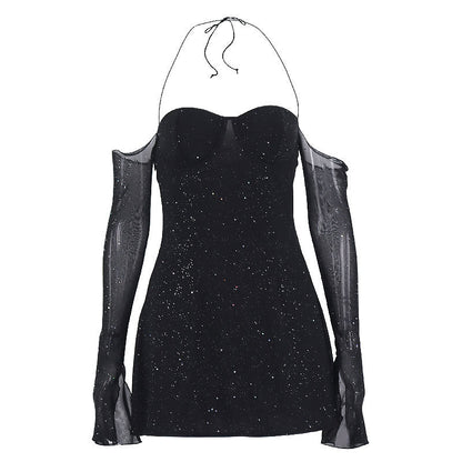Mesh Long Sleeve Dress Sexy Steel Ring Halterneck off Shoulder Sequin Dress by Ragazza