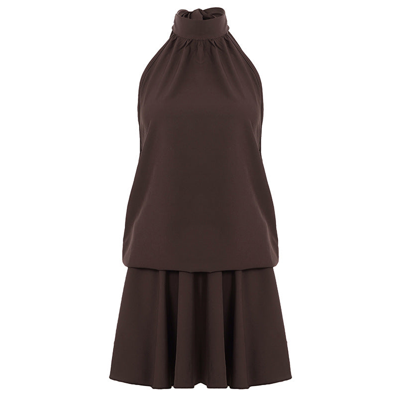 Retro Solid Color Elegant Stitching Pleated Backless Lace up Sexy Halter Dress by Ragazza